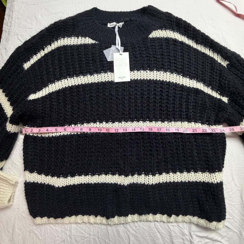 NWT Grace Karin Women's Oversized Black Striped Crewneck Sweater XL - Picture 5 of 6